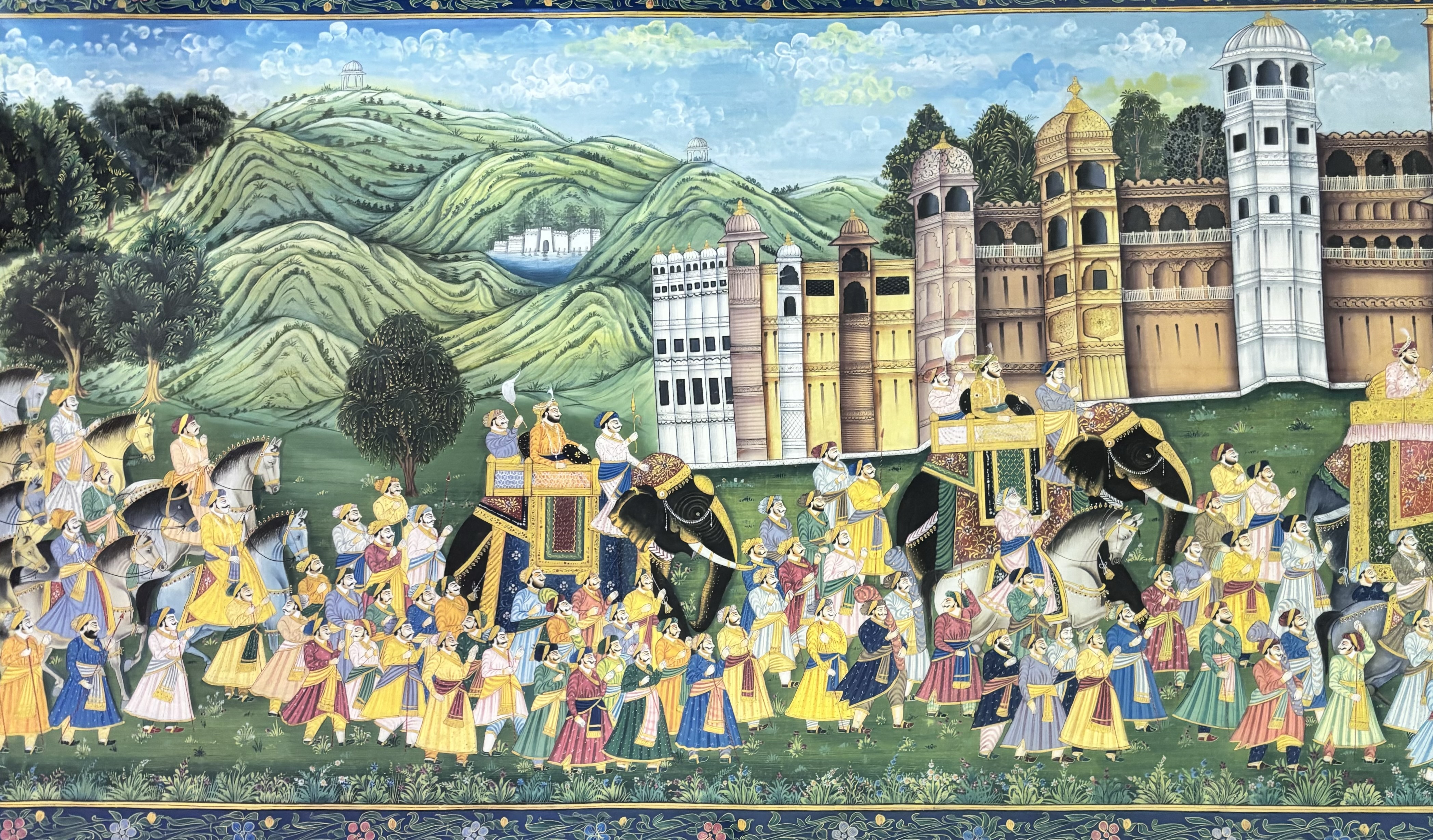 Indian hand-painted on fabric 20thc Mogul style painting in kashmere of a procession of figures,