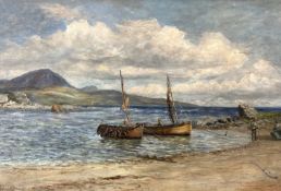 R.B.Johnston, boats at shore scene, oil on canvas, signed and dated 1895, in a wooden frame. (