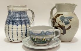 A group of studio pottery comprising a Highland Stoneware mug/cup and saucer (marked verso), a Crail