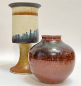A studio pottery squat form vase with tenmoku glaze (potter's mark impressed), together with a Bawtr