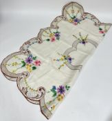 A beautiful 1930's linen scalloped tea table cloth with hand embroidered silk work with forget-me-