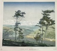 Gordon Miles ( British 1947-), Scots pines Clywedog reservoir, coloured engraving, 106/150, signed