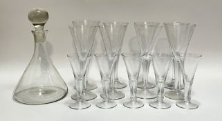 A decanter/drinking glasses set comprising eight tall stemmed glasses (h- 22cm), five smaller stemme