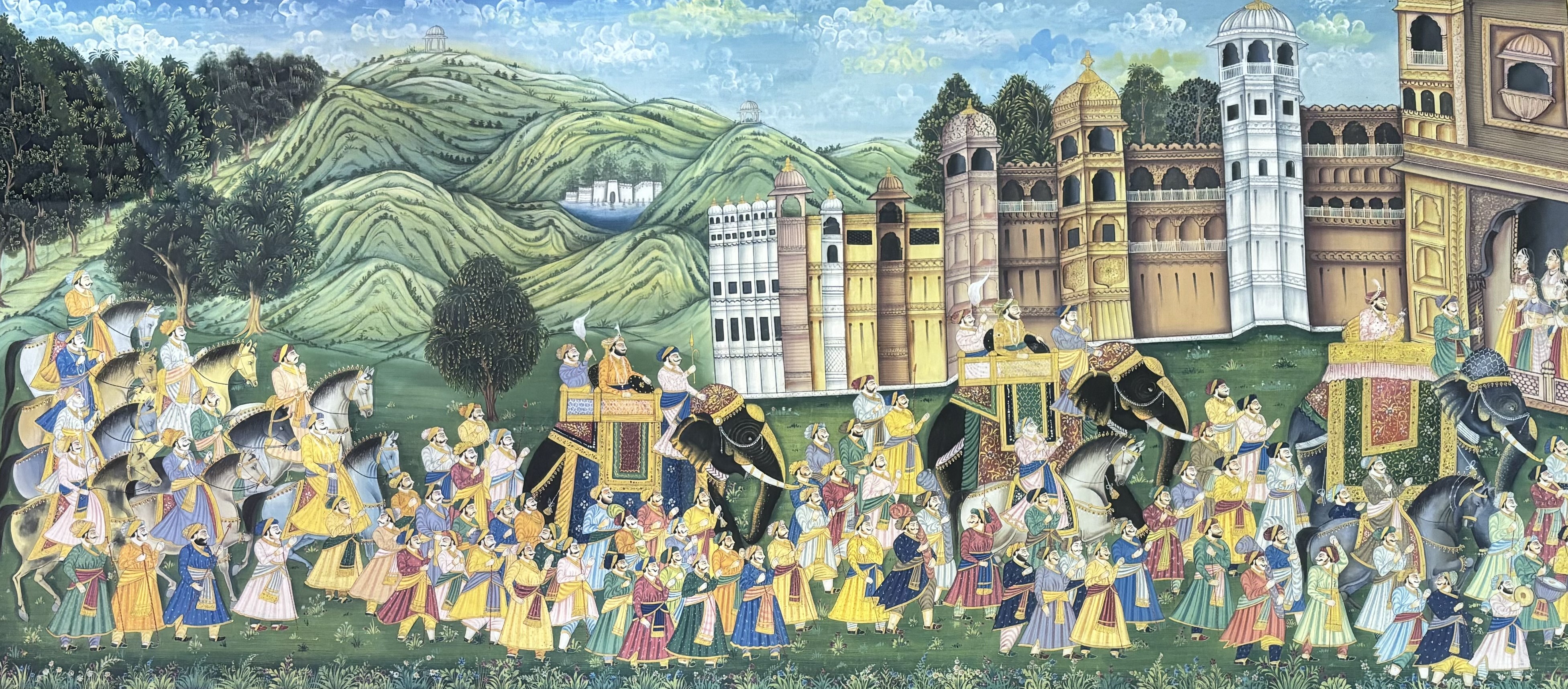 Indian hand-painted on fabric 20thc Mogul style painting in kashmere of a procession of figures, - Image 2 of 3