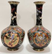 A pair of Meiji/Taisho era Japanese cloisonné vases with panels depicting ho-ho birds, the neck