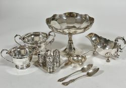 A collection of Epns including sclloped panel sided fruit stand, three pieced condiment set with