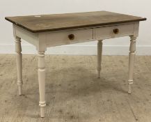 A Victorian white painted pine work table, fitted with two drawers, raised on turned supports H75cm,