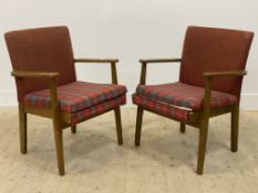 Parker Knoll, a pair of mid century stained beech framed open armchairs, with upholstered squab