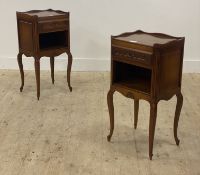 A pair of French cherry wood bedside tables, each with a galleried top above drawer and open