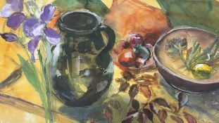Margaret Hamilton, Still life with iris, jug and fruit, watercolour signed and dated 96 bottom right