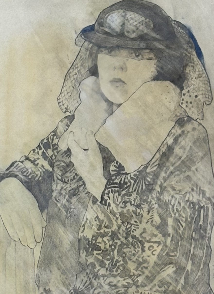 McIntosh, a 1930's figure of a lady with veiled hat in a georgette cut velvet style coat, pencil and