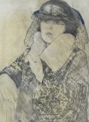 McIntosh, a 1930's figure of a lady with veiled hat in a georgette cut velvet style coat, pencil and