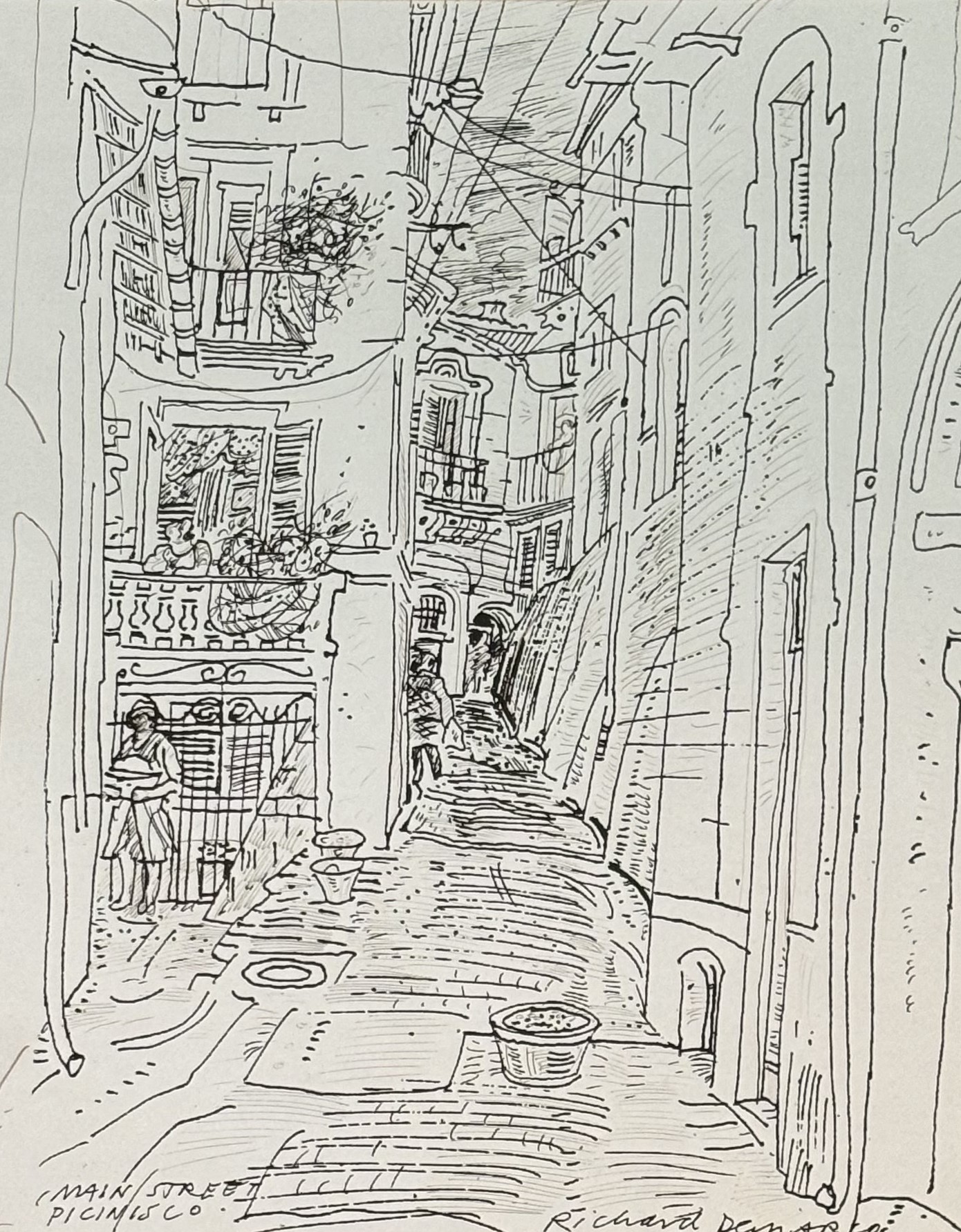 Richard Demarco (Scottish 1930-), Main Street Picinisco, pen and ink on paper, signed and titled