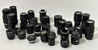 A large collection of various camera lens comprising, a Canon 70-210mm Macro lens, Tamron 28-80mm