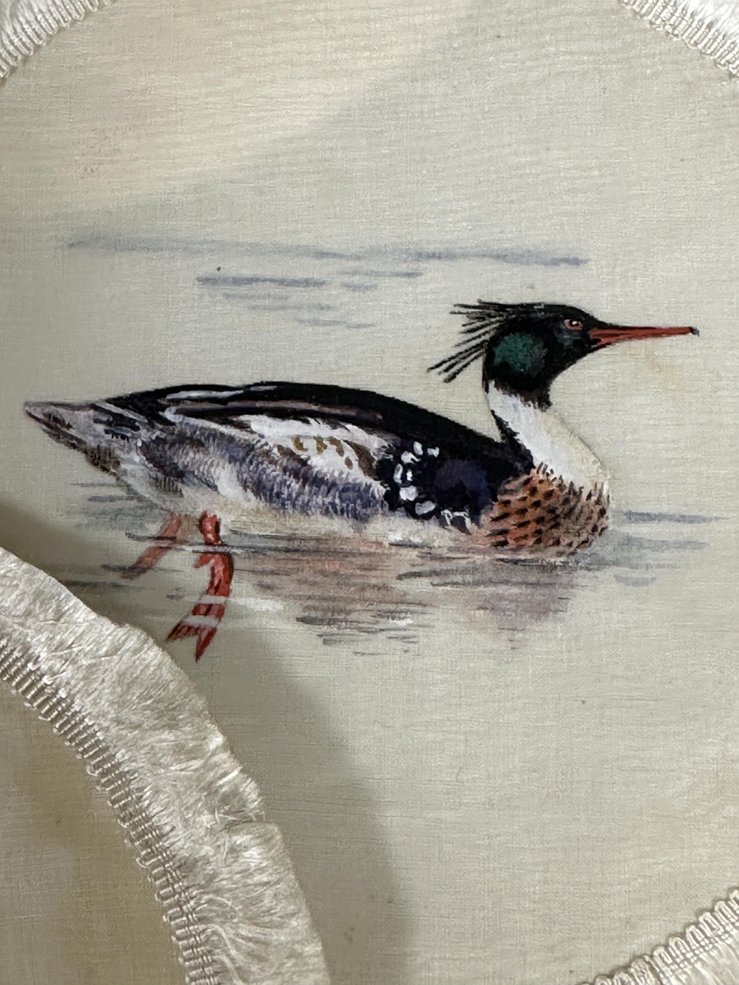 A set of 1920's hand painted dinner plate coasters of British birds on linen backed with silk and - Image 6 of 7