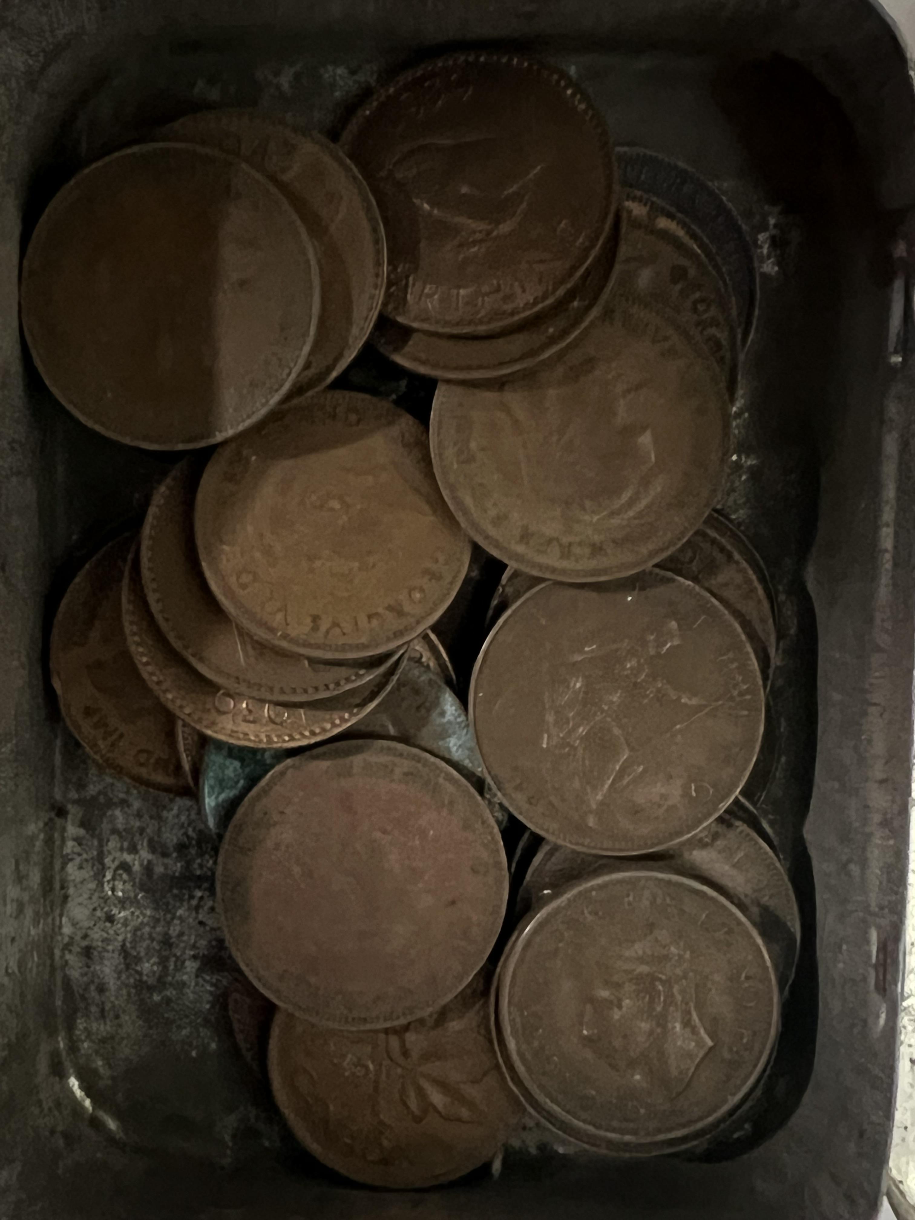 A large group of mixed coins comprising, two boxes/tins of pennies, and a tin of mixed international - Image 4 of 4