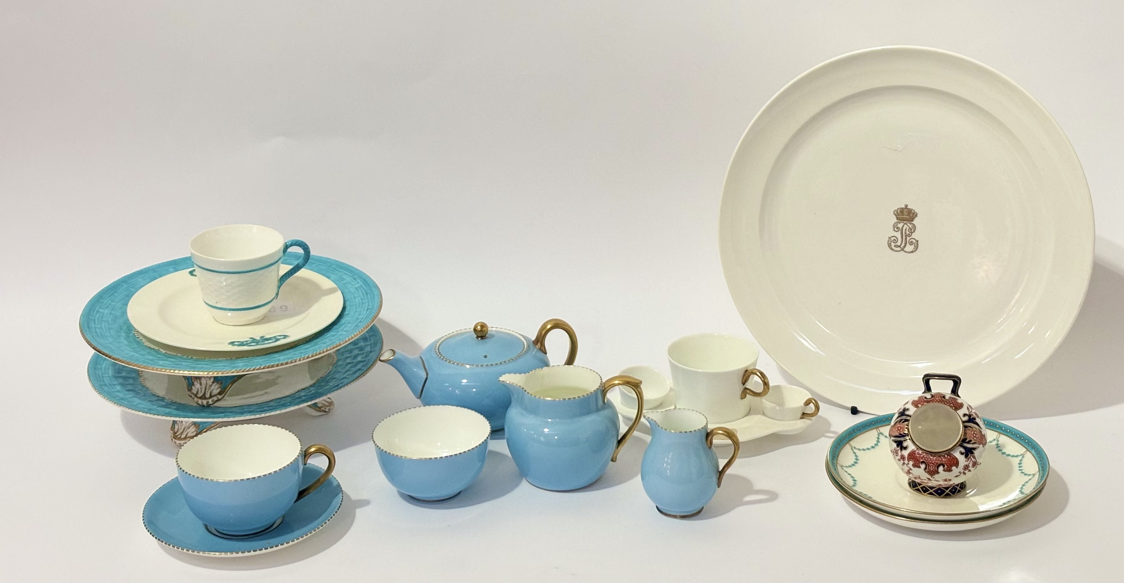 A mixed group comprising, a Wedgwood April blue part tea service comprising tea cup and saucer, milk