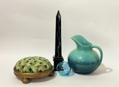 A large blue and teal decoration ceramic pitcher (h-27cm), a hand blown blue glass ball (h-10cm),
