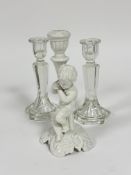 A pair of moulded glass octagonal tapered candlesticks (H x 20 cm) and an Italian Banc de Chine