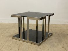 A Vintage Chromed metal and smoked glass two tier coffee lamp table. H51cm, 65cm x 65cm.