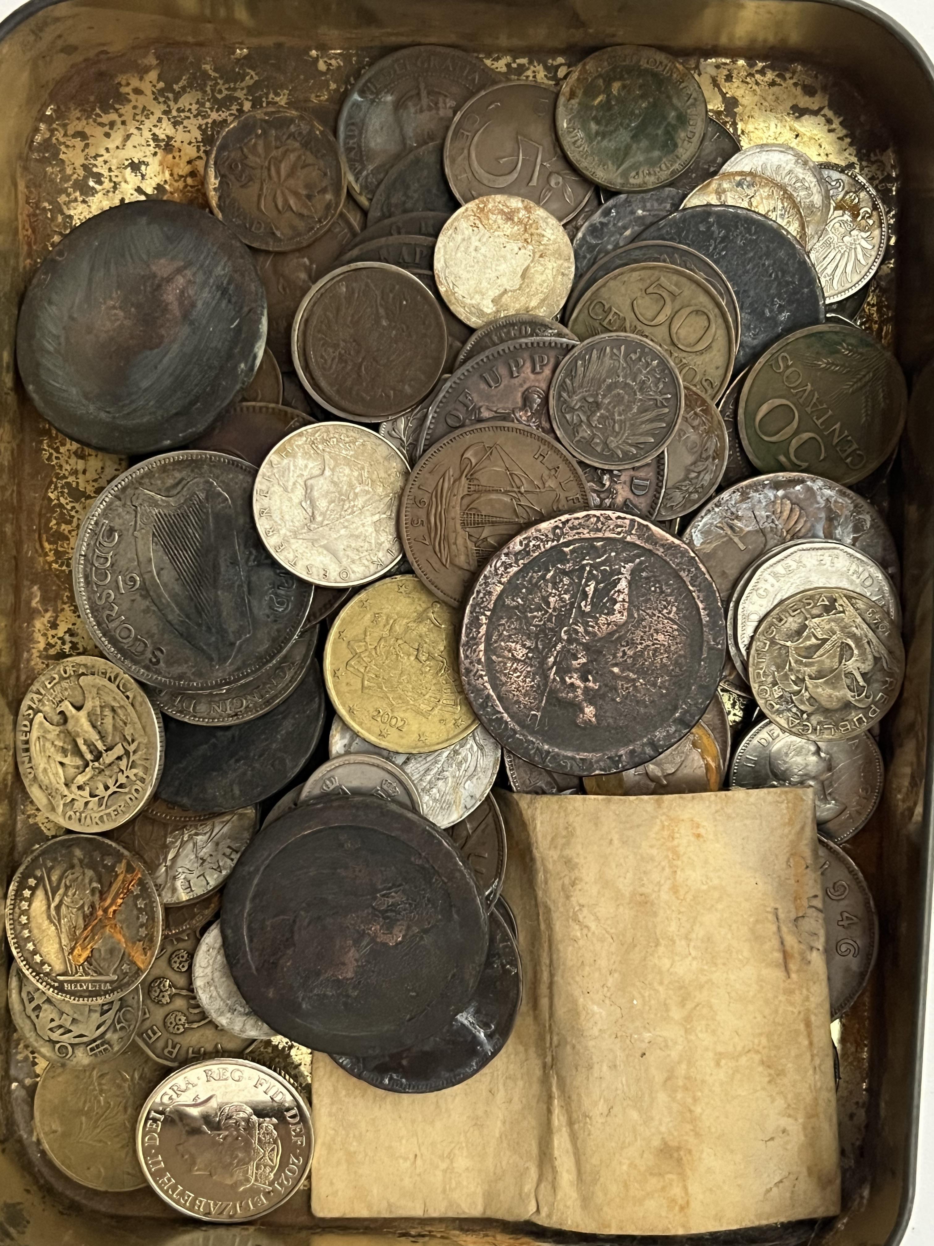 A large group of mixed coins comprising, two boxes/tins of pennies, and a tin of mixed international - Image 3 of 4