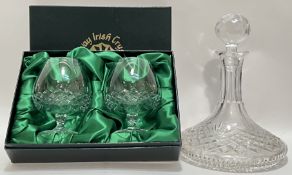 A boxed pair of Galway Irish Crystal brandy glasses, together with a Tyrone Crystal ship's decanter