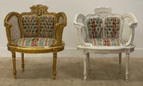 A pair of louis XVI style painted wood and bergere salon chairs, each with acanthus carved crest