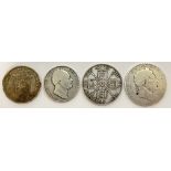 A group of silver coins comprising an 1887 Victoria Double Florin, an 1820 Georgius III shilling,