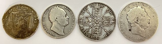 A group of silver coins comprising an 1887 Victoria Double Florin, an 1820 Georgius III shilling,