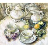 Signed indistinctly, still life of fruit with afternoon tea, oil on canvas, signed and dated '85