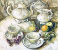 Signed indistinctly, still life of fruit with afternoon tea, oil on canvas, signed and dated '85