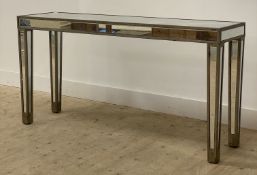 A contemporary mirrored glass and silver painted wood hall console table H79cm, W154cm, D40cm
