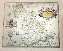 A framed coloured engraving of Saxton's Map of Lancashire 1577, (British Museum Maps) (39cmx48cm) (