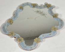 A Venetian glass mid-century scalloped frame wall mirror with C scroll opalescent beaded border