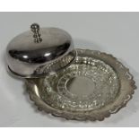 An Epns dome top butter dish with glass liner and pierced stand, (h x 6.5 cm x D x 13 cm)