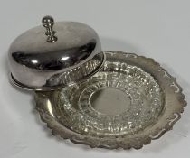 An Epns dome top butter dish with glass liner and pierced stand, (h x 6.5 cm x D x 13 cm)