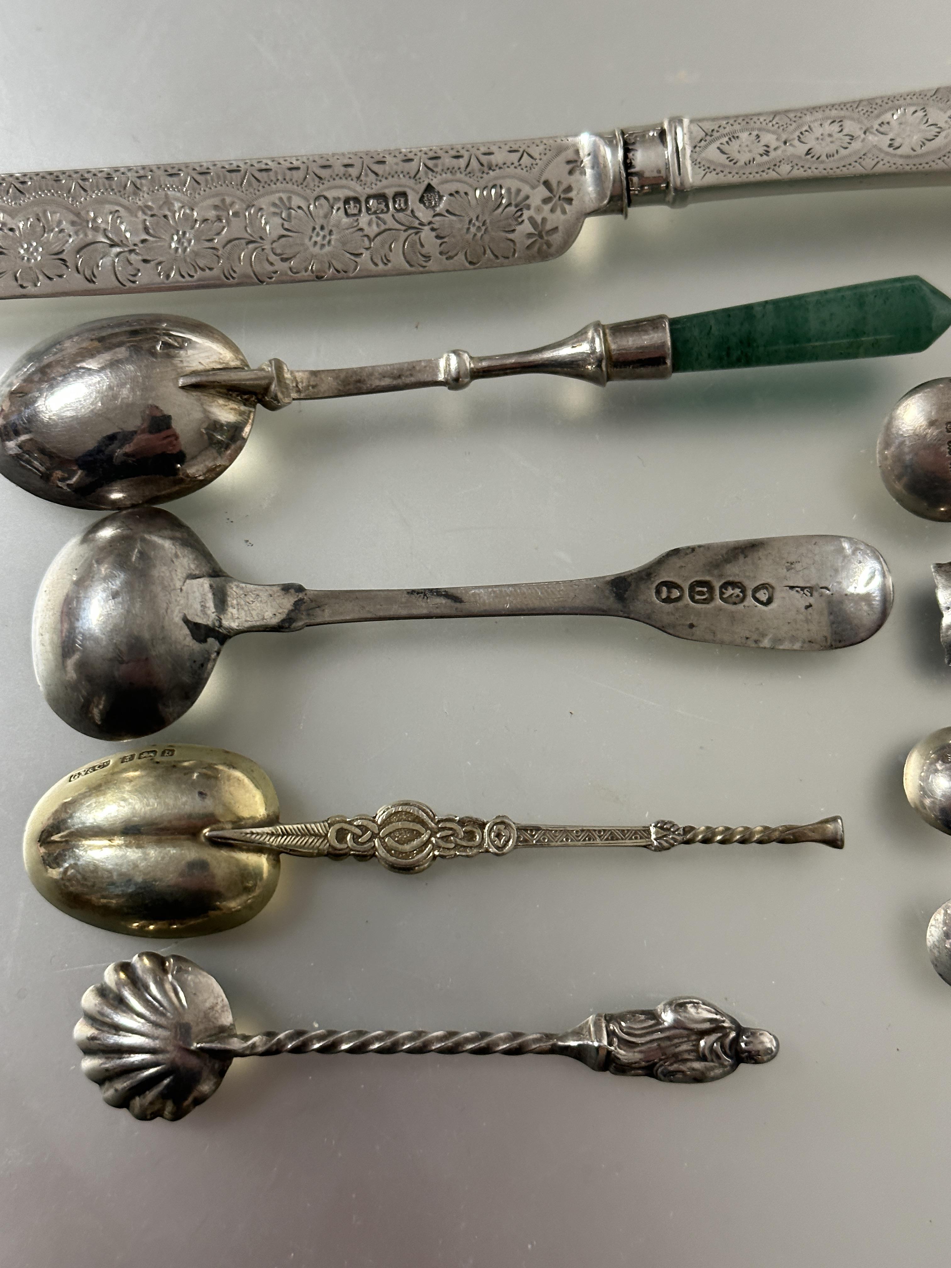 A collection of six various white metal and silver salt and mustard spoons, including a Georgian - Image 3 of 3