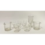 A collection of various glassware comprising, two glass ice buckets (h-13cm w-6.5cm), a set of