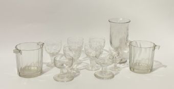 A collection of various glassware comprising, two glass ice buckets (h-13cm w-6.5cm), a set of