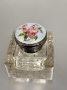 An Edwardian crystal inkwell of square form with Birmingham silver mounted guilloche rose