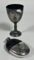 A 1873 Epns presentation oval glass hip flask with half leather covered top and slip off drinking