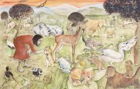 John Johnstone (Scottish 1941-), Jesus with animals, watercolour, pen and pencil, signed and