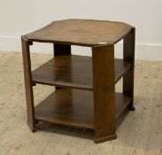 An Art Deco period walnut three height lamp table, the quarter sawn veneered, cross banded top