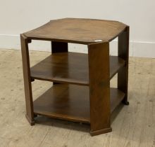 An Art Deco period walnut three height lamp table, the quarter sawn veneered, cross banded top