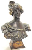 A large black/terracotta patinated plaster bust of a female with classical style drapery, signed L