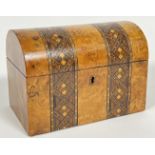 A dome-topped burr walnut tea caddy with geometric marquetry/Tunbridge ware inlaid bands (h- 15cm, w