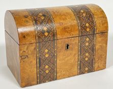 A dome-topped burr walnut tea caddy with geometric marquetry/Tunbridge ware inlaid bands (h- 15cm, w