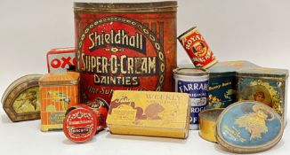 A group of biscuit/confectionary tins comprising a large Shieldhall Super-O-Cream Dainties toffee