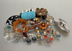 A collection of costume and silver jewelry including a amberoid bracelet, turquoise coloured frond