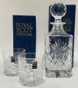 A boxed Royal Scot 'Kintyre' cut crystal 'Square Spirit' decanter (h- 28cm , w- 9.5cm), together wit